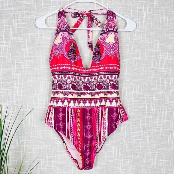 NWT Nanette Lepore Poppy Red & Purple Print Plunge Halter One-Piece Swimsuit - Picture 3 of 7
